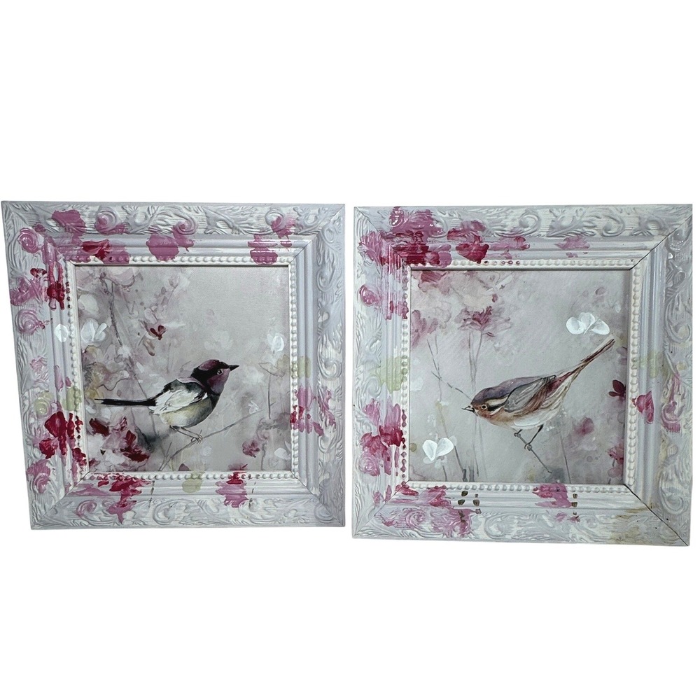 New View Gifts Bird Framed Wall Art Set of 2 Pink White Shabby Chic Floral 10x10